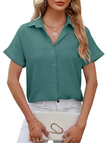 Produktbild: Decorie Bluse Damen Sommer Damenblusen Kurzarm Oberteile Damen Hemd Elegant Hemdbluse Casual Blusenshirt Leicht Sommerblusen (Dunkelgrün,L)