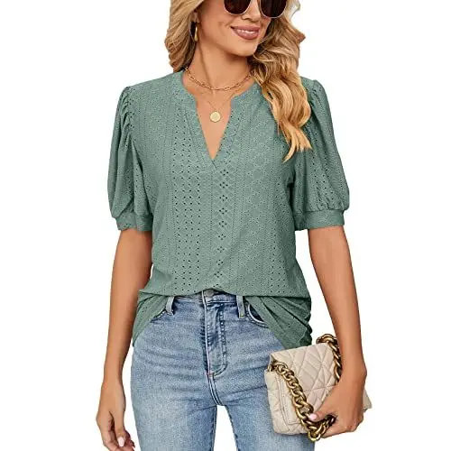 Produktbild: Decorie Bluse Damen Sommer Tshirt V Ausschnitt Kurzarm Damen Oberteile Elegant Damenblusen Casual Blusenshirt Tunika,B-Dunkelgrün,XXL