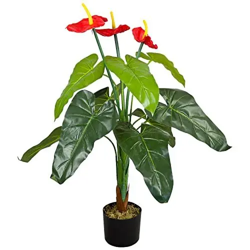 Produktbild: Anthurie Flamingoblume Kunstpflanze Künstliche Pflanze 90 cm Kunstblume Kunstbaum Innendekoration Kunst Pflanze wie echt im Topf Decovego