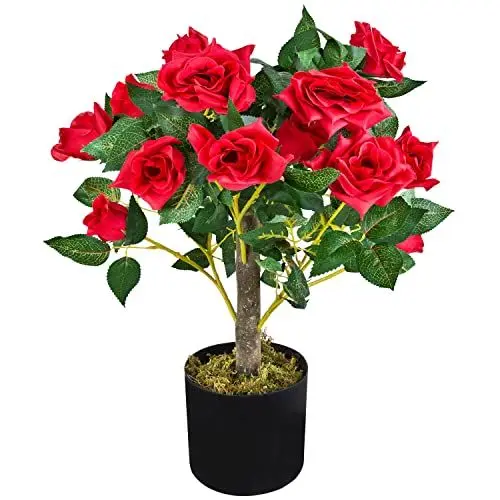 Produktbild: Decovego Rose Rosenstock Rosenbusch Kunstpflanze Künstliche Pflanze mit Blüten Rot Echtholz 50 cm Kunstblume Innendekoration Kunst Pflanze wie echt im Top