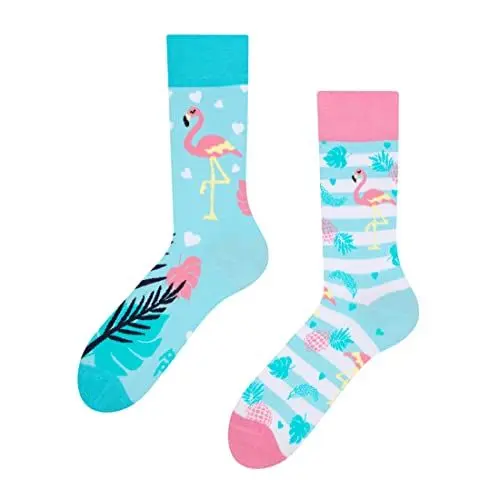 Produktbild: Dedoles Socken Regular normale Höhe Unisex Damen Herren Baumwolle viele lustige Designs Weihnachtssocken 1 Paar, Farbe Blau, Motiv Liebes-Flamingos, Gr. 35-38