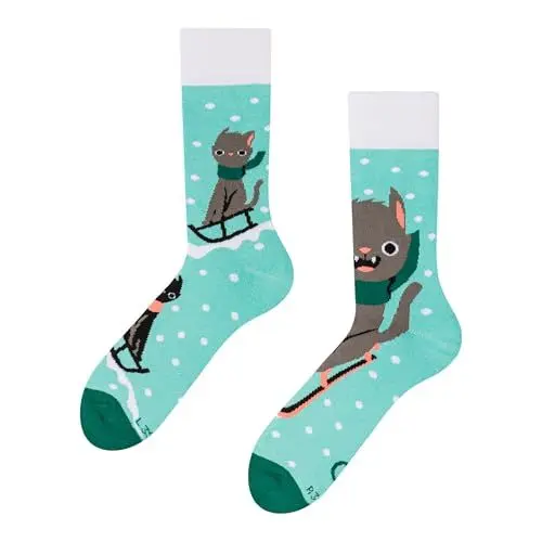Produktbild: Dedoles Socken Unisex Damen Herren & Kinder Baumwolle viele lustige Designs 1 Paar Geschenk links rechts verschieden, Farbe: Blau, Motiv: Katze und Schlitten (Wärmesocken), Gr. 35-38
