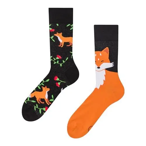 Produktbild: Dedoles Socken Unisex Damen Herren & Kinder Baumwolle viele lustige Designs 1 Paar Geschenk links rechts verschieden, Farbe Schwarz, Motiv Fuchs und Blüten, Gr. 39-42