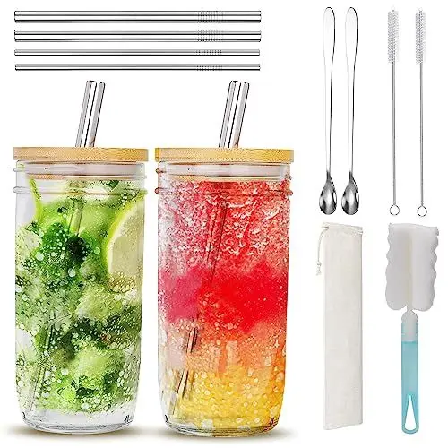 Produktbild: Deefongo 24 oz Mason Jar mit Strohhalm Bambusdeckel, 2er-Pack Wide Mouth Mason Jars mit Strohhalm, Trinkbecher Klarglas Boba Cups Flasche für Cocktailsaft Kaffee Kaltgetränk