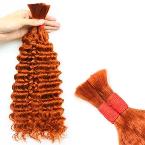 Produktbild: Deep Wave Echthaar in großen Mengen, unbearbeitetes brasilianisches Haar für Micro Braids, Extensions, Haarverlängerung, Deep Bulk #350 Ginger Orange(#350,20inch/50cm)