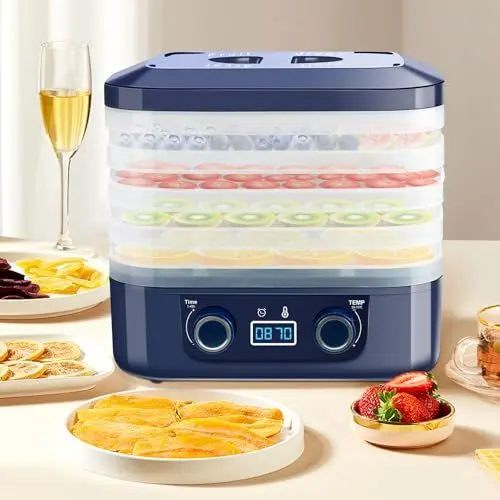Produktbild: DeeprBling Dörrautomat mit 5 Tabletts, Lebensmittel Dörrgerät mit Temperaturregler 35-70°C und 48H-Timer, LED-Display, Obsttrockner Dörrapparat, Food Dehydrator für Fleisch, Obst, Gemüse, BPA Frei