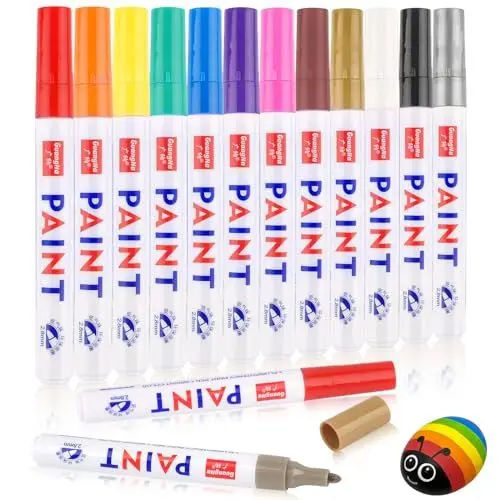 Produktbild: Deepton 12 Permanent Marker Stifte, 8 Farben Bunt Lackstift Stifte, Wasserfest Schnell Trocknend Glasstift Steine Bemalen, Permanentmarker Set für Kunststoff, Karton, Holz, Metall, Leinwand