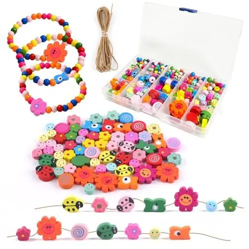 Produktbild: Deepton Holzperlen zum Auffädeln, Holzperlen Bunt, Perlen zum Auffädeln Kinder ab 2 3 4 Jahre, Perlen Set Kinder, Etwa 400 Stück Bastelperlen für DIY Armbänder Schmuck Halsketten
