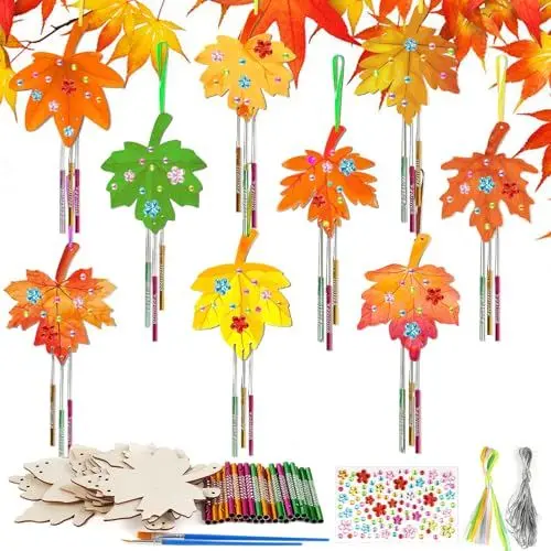 Produktbild: Deepton 9 Stück Ahornblatt Windspiel Bastelset Kinder, Windspiel Herbst für Kinder, Herbst Basteln zum Bemalen, Holz Bastelset 3 4 6 jahre Halloween Weihnachten Geschenke