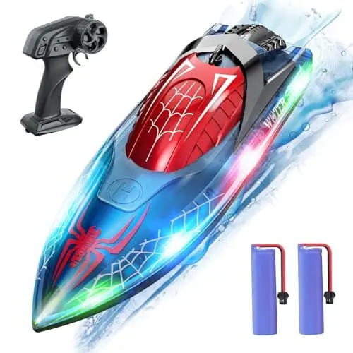 Produktbild: DEERC Ferngesteuertes Boot mit LED-Licht, RC Boot 15 KM/H, 2,4-GHz Rennboote, 2 Batterien für 80 Minuten Spielzeit, Pools und Seen Spielzeug Geschenk für Kinder ab 8 Jahre