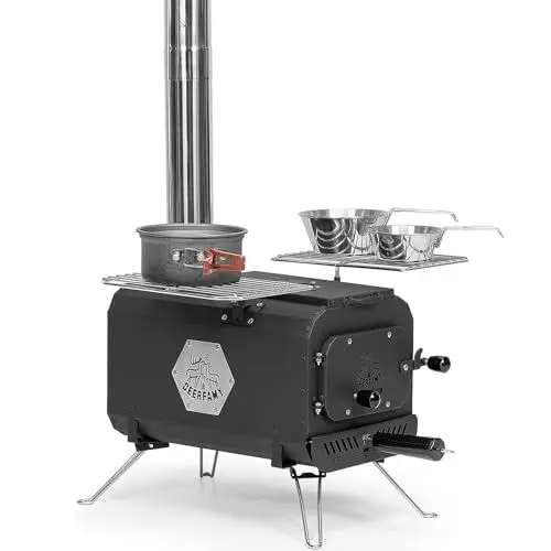 Produktbild: DEERFAMY Gartenofen Zeltofen Campingofen, Tragbarer Kohlenstoffstahl Ofen mit klappbaren Beinen und 6 Schornsteinrohren, Outdoor ofen Ideal für Garten Camping Outdoor Zelt Kochen