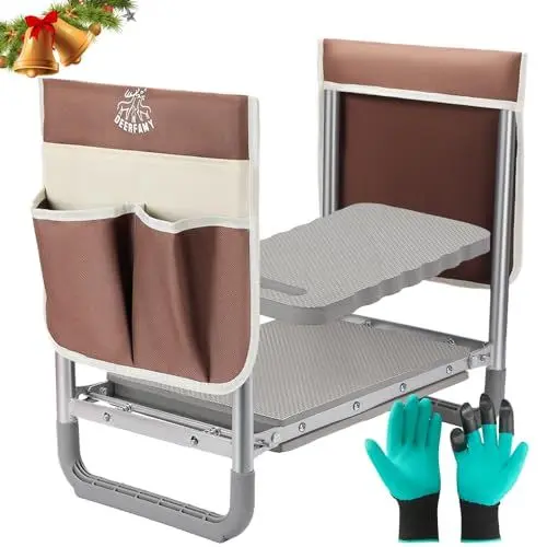 Produktbild: DEERFAMY Kniebank für Gartenarbeit, Garten-Kniebank klappbar Gartenhocker bis 159 kg, Gartenstuhl zum Knien & SitzenKniebank mit Kniepolster, 2 Werkzeugtaschen, Grabhandschuhe, Geschenke Garten