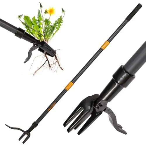 Produktbild: DEERFAMY Unkrautstecher mit langem Griff, Unkrautentferner mit 4 Klauen Stahlkopf, manueller Unkrautjäter Verstellbar mit 3-Metall-Struktur, löwenzahn Wurzelentferner für Garten und Rasen (orange)