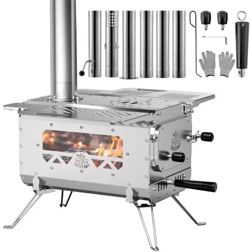 Produktbild: DEERFAMY Zeltofen, tragbarer Edelstahl Gartenofen, Holzofen mit klappbaren Beinen, kleiner Campingkocher mit 6 Schornsteinrohren zum Heizen und Kochen für Garten, Camping, Outdoor, Zelt