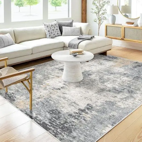 Produktbild: Deerly Modern Abstraktes Teppich für Wohnzimmer, Schlafzimmer, Esszimmer und Balkon - Waschbar, Weich, Rutschfest (GrauGold, 140x200cm)