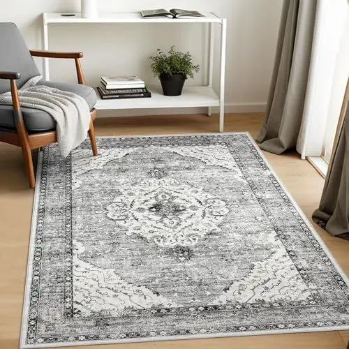 Produktbild: Deerly Waschbarer Kurzflor Teppich 140x200, Quadratischer Weicher Geeignet für Wohnzimmer Büro und Schlafzimmer, Teppiche rutschfest für Esszimmer und Balkon 140x200CM, DunkelGrau