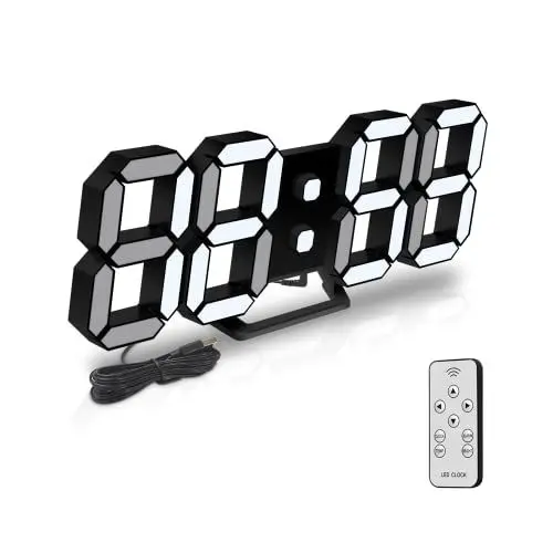 Produktbild: Deeyaple LED Wanduhr Digital Wecker 3D Uhr Dimmbar Snooze Modern USB 12/24Stunden Datum Temperaturanzeige Loop Display Fernbedienung Nachtlicht Wohnzimmer Küche Schlafzimmer Büro 25cm Schwarz