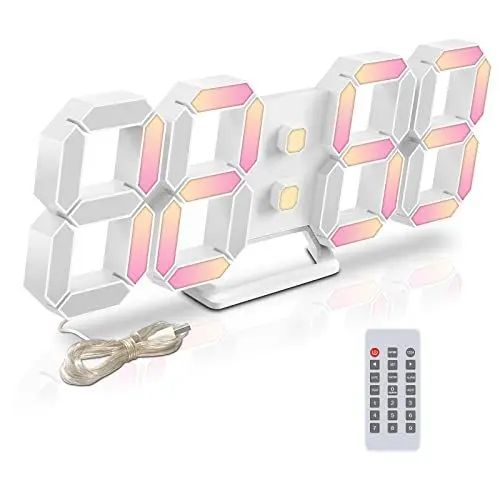 Produktbild: Deeyaple LED Wanduhr Digital Wecker 3D Uhr Dimmbar Snooze USB 12/24Stunden Datum Temperaturanzeige Fernbedienung Nachtlicht Wohnzimmer Küche Schlafzimmer Büro 25cm (Bunt)
