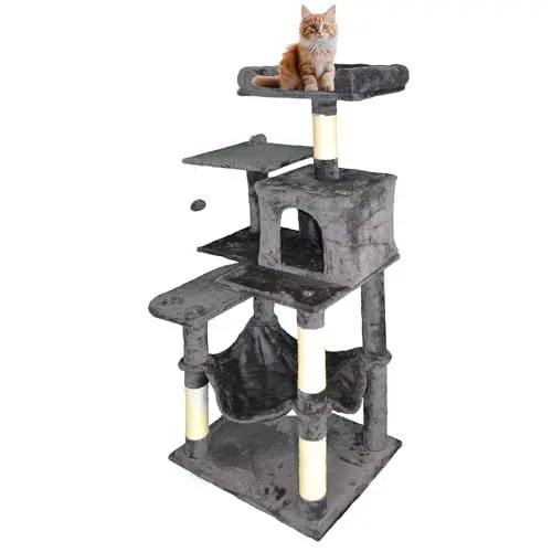 Produktbild: DEFACTO Katzenbaum, 143 cm hoch Katzenhöhle, Katzen Kletterbaum mit 4 Kratzsäulen, 2 Plattformen Kratzbaum, Katzenspielzeug, Katzenmöbel mit stabil Säulen, Hängematten (ANTHRAZIT)