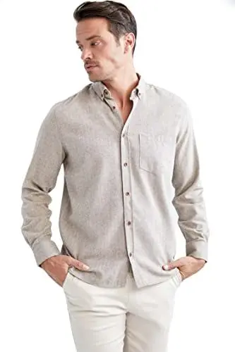 Produktbild: DeFacto Herren Langarm Shirt Langarm Hemden für Herren LT.BEIGE Melange,XXL