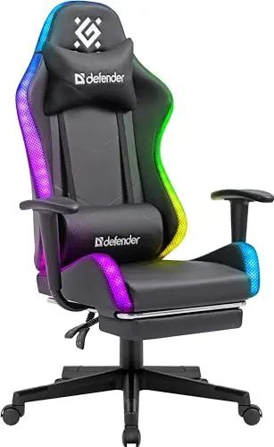 Produktbild: Defender Gaming-Stuhl mit RGB-Beleuchtung, ergonomischer Computerstuhl mit Fußstütze, bequemer Bürostuhl für Heimbüro oder Gamer Sessel, Stahlrahmen, höhenverstellbar, PVC-Leder, Schwarz
