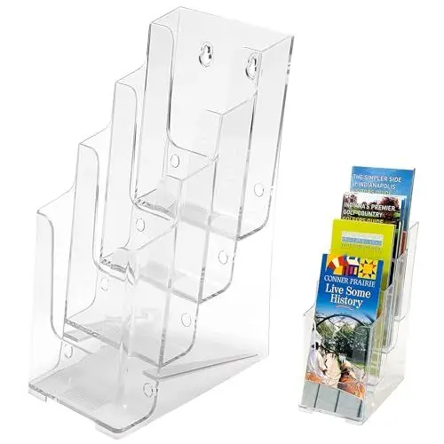 Produktbild: Deflecto mehrstufiger Prospekthalter, DIN A4 1/3, Hochformat, 120 x 255 x 200 mm, 4 Stufen, abgeschrägt, glasklar, für Tisch oder Wand, Werbeaufsteller, Flyer, Präsentationsständer