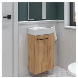Produktbild: Deftrans Domodomo Badezimmerschrank mit Waschbecken, Waschbeckenschrank 40 x 60 x 21,3 cm, Keramik-Waschbecken-Set, Wanddschrank für kleines Bad… (Holz Ohne Waschtischarmatur)