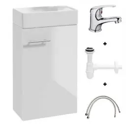 Produktbild: Deftrans Domodomo Badezimmerschrank mit Waschbecken, Waschbeckenschrank 40 x 60 x 21,3 cm, Keramik-Waschbecken-Set, Wanddschrank für kleines Bad - Hängeschrank mit Waschbecken für das Gästebad