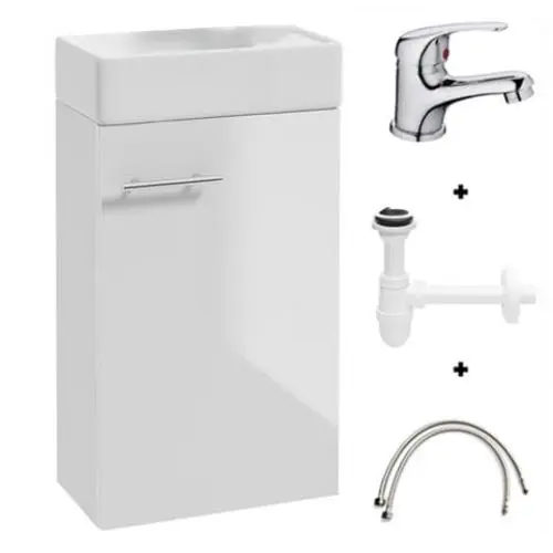 Produktbild: Deftrans Domodomo Badezimmerschrank mit Waschbecken, Waschbeckenschrank 40 x 60 x 21,3 cm, Keramik-Waschbecken-Set, Wanddschrank für kleines Bad - Hängeschrank mit Waschbecken für das Gästebad