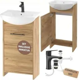 Produktbild: Deftrans waschbecken mit unterschrank 46,5 x 24,5 x 84 cm -waschtisch mit unterschrank Eiche, gäste wc waschbecken mit unterschrank und Waschtischarmatur 45 cm