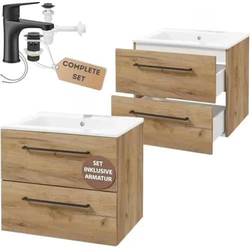 Produktbild: .Deftrans waschbeckenunterschrank hängend mit schubladen 60 x 50 x 46 cm Holz, waschtisch mit unterschrank- waschbecken mit unterschrank, spülenschrank mit spüle und Armatur