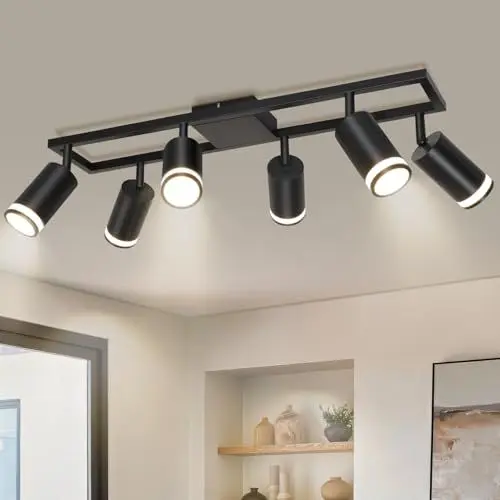 Produktbild: Dehobo LED Deckenstrahler 6 Flammig Schwarz GU10, Deckenlampe Strahler Schwenkbar 350°, Deckenspots für Küche Schlafzimmer Wohnzimmer, Ohne Leuchtmittel