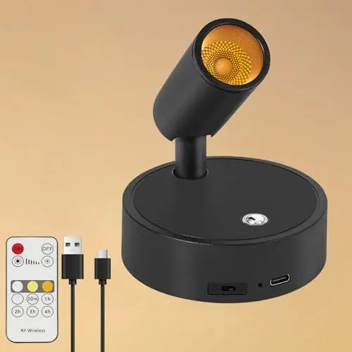 Produktbild: Dehobo USB Aufladbar Akku Spotlight mit Fernbedienung - Wandspots 3 Farbtemperaturen Dimmbar - 350° Drehbare Wandlampe Bilderleuchte Kabellos mit Timing Funktion für Schlafzimmer, Studie, Büro, 1 Pack