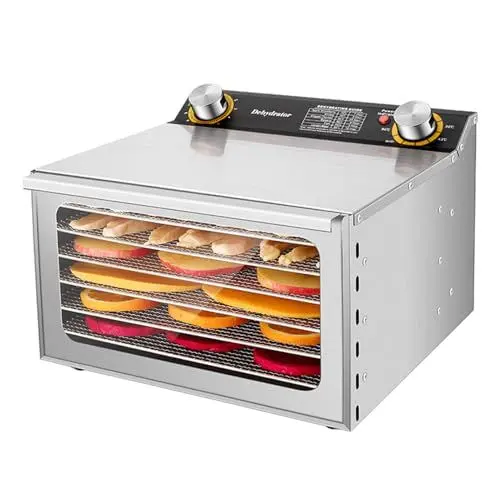 Produktbild: Dehydrator Dehydrator Jerky Dehydrator Fruchtdehydrator mit einstellbarer Temperaturregelung 24H Timer 8 Trocknungsregale 450 W für den Handelsgebrauch aus Edelstahl Silber 28x20 (6 Tier -EU -Stecker)