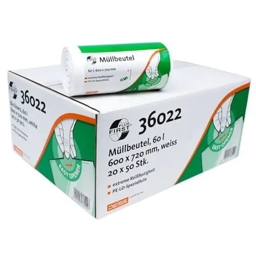 Produktbild: DEISS 36022 First-Müllbeutel 60l weiß (50 Stück/Rolle)