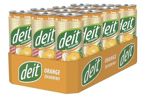 Produktbild: DEIT Orange Dose - Zuckerfreies Erfrischungsgetränk im 12er Pack (12 x 330 ml) -Kalorienarme Limonade, Natürliche Zutaten, Spritziger Orangengeschmack