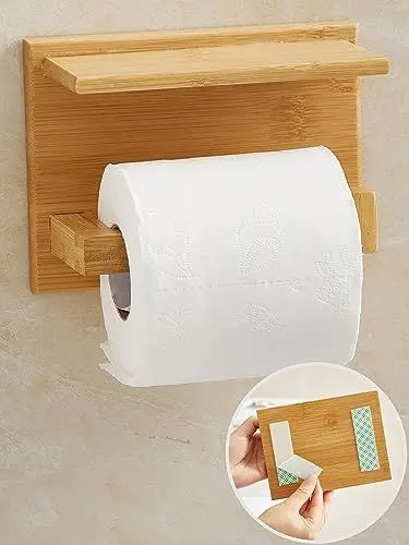 Produktbild: DEKAZIA® Klopapierhalter Holz mit Ablage – Toilettenpapierhalter & WC Rollenhalter aus Bambus – Klorollenhalter ohne Bohren, Selbstklebend für Bad & Wandmontage