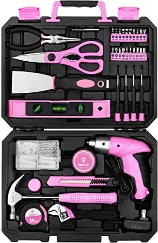 Produktbild: DEKO Werkzeugkoffer Rosa 98 Teiliges mit 3.6V wiederaufladbarem Akkuschrauber kompletter Satz von Haus-, Büro- und Werkstattwartung, Hardware und DIY Werkzeugsatz