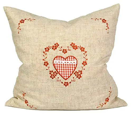 Produktbild: Dekobox Kissenbezug Set aus Leinen - 40x40 cm - Außenhülle rotes Herzmuster inkl. Innenkissen zum Befüllen - ideal für z.B. Zirbenkissen, Kernkissen, Kräuterkissen