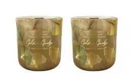 Produktbild: Dekohelden24 Duftkerze - Windlicht - Kerze im Glas - als 2er Set - Duftrichtung Citrus Balsamico und weiße Blumen mit Holzdocht, L/B/H 8 x 8 x 8 cm, 150g je Kerze