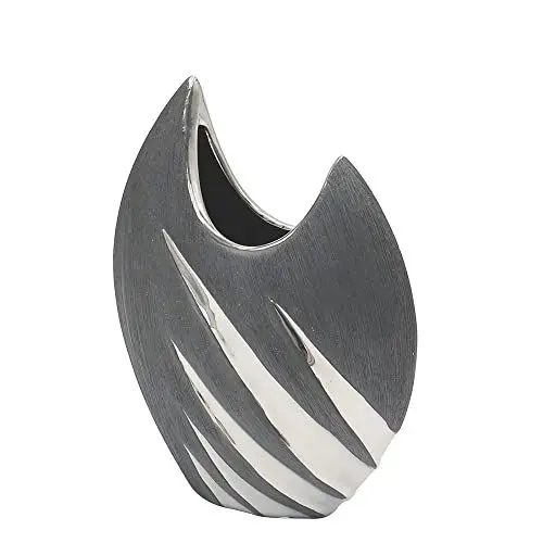 Produktbild: Edle Moderne Deko Designer Keramik Vase oval geschwungen, in Silber-grau, Maße L/B/H ca. 16 x 7 x 21 cm.
