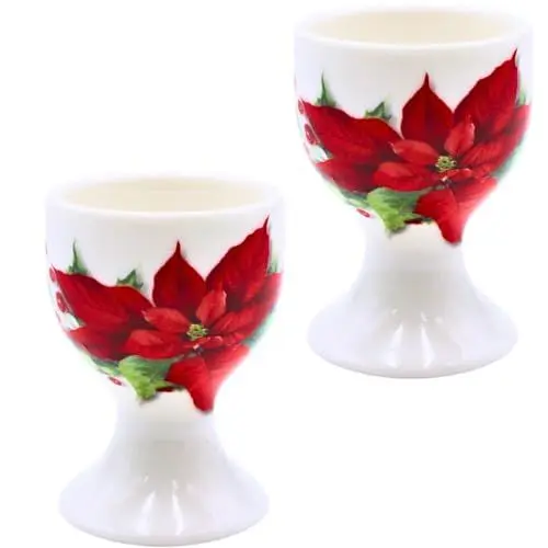 Produktbild: Dekohelden24 Eierbecher - Eierhalter - Eierschale aus Porzellan im 2er Set, in weiß mit Weihnachtsstern, Größe H/Ø: ca. 6,5 x 4,5 cm