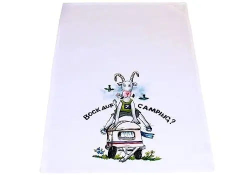 Produktbild: Dekohelden24 Geschirrtuch aus 100% Baumwolle, Größe: H/B ca. 70 x 50 cm, Motiv: Bock auf Camping
