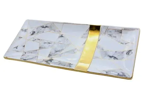 Produktbild: Dekohelden24 Hochwertige Keramik Schale/Dekoschale in Weiß mit Marmor-Muster und Gold, rechteckig, Größe 38 x 17 x 3 cm