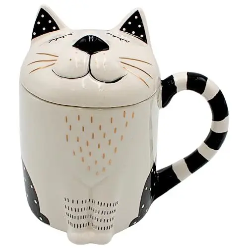 Produktbild: Dekohelden24 Kaffee-Becher, Teetasse als Katze mit Deckel aus Keramik, Schwarz-Weiß und Gold, Größe: H/Ø ca. 14 x 9 cm, Fassungsvermögen ca. 400ml, Katzentasse