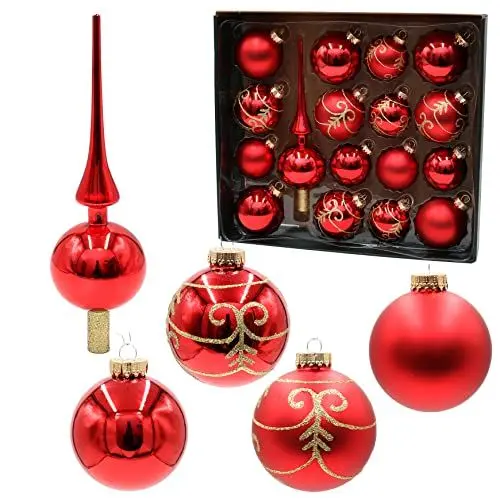 Produktbild: Dekohelden24 Lauschaer Christbaumschmuck-16er Set Kugeln inkl. 1 Baumspitze aus Glas, für Weihnachten, handdekoriert, Rot matt und glänzend, 6,7, goldenem Krönchen, 8 cm, 17