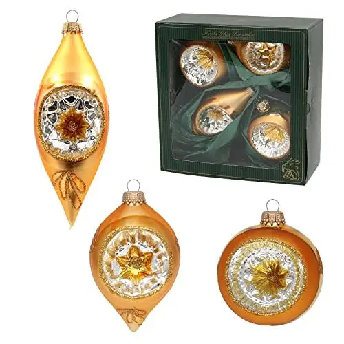 Produktbild: Dekohelden24 Lauschaer Christbaumschmuck - 3er Set Reflexkugeln Gold mit Glitter, 9 cm, mit goldenem Krönchen + 50 Schnellaufhänger in Gold GRATIS zu Ihrer Bestellung dazu !
