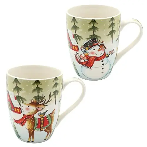 Produktbild: Porzellan Weihnachts-Tassen - Schneemann und Reh - als 2er Set, Höhe: 10 cm - Ø 8 cm, Fassungsvermögen 280 ml.