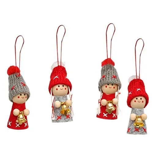 Produktbild: Dekohelden24 Weihnachtswichtel als Baumbehang im 4er Set in grau/rot mit Glöckchen, 8 cm, 550041