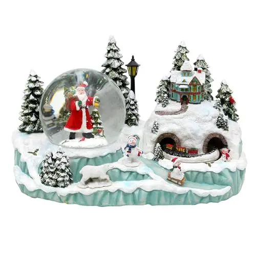 Produktbild: Dekohelden24 XXL Schneekugel Santa und bewegte, Farbwechsel, Glitterwirbel und Sound, L/B/H/Ø Kugel 29,5 x 15,5 x 17 cm Ø 10 cm, Batteriebetrieb AA, Szene mit Eisenbahn, 17 cm